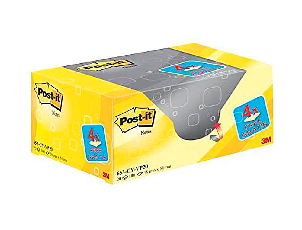 BLOC DE NOTAS ADHESIVAS QUITA Y PON POST-IT AMARILLO CANARIO 76X76 MM PACK PROMOCIONAL 16+4 GRATIS