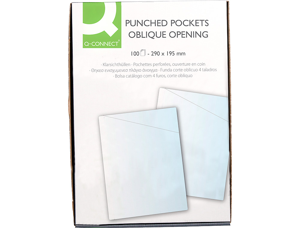 FUNDA PROTECTORA Q-CONNECT CORTE OBLICUO 290X195 CRISTAL SIN TALADROS PVC 90MC CAJA DE 100 UNIDADES