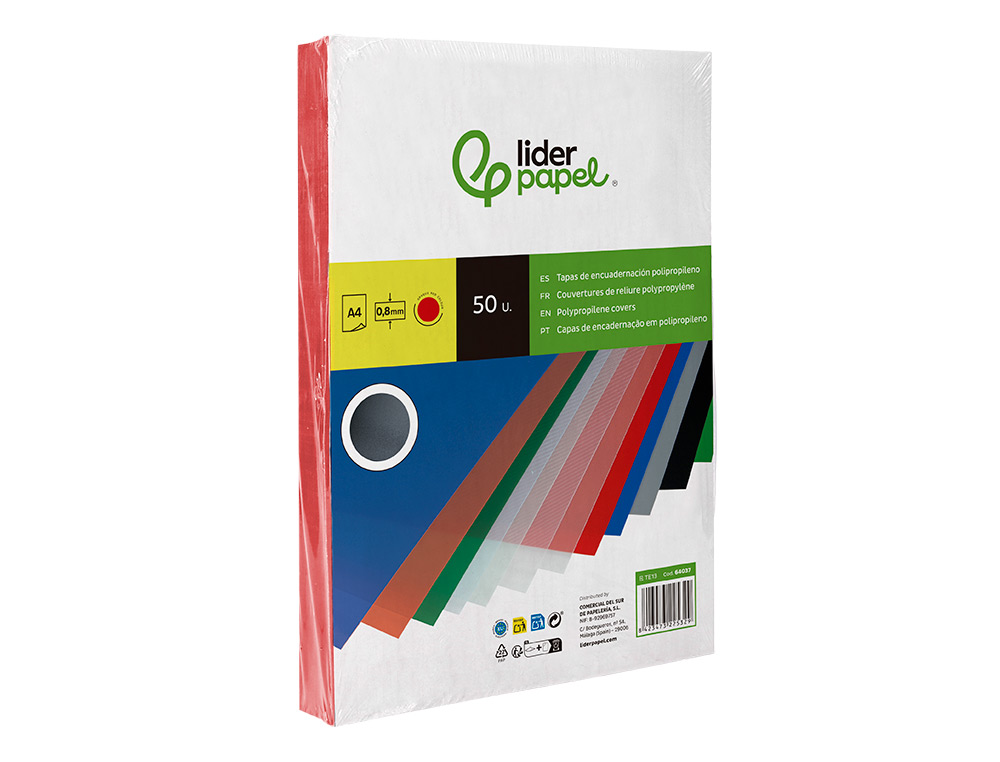 TAPA ENCUADERNACION LIDERPAPEL POLIPROPILENO A4 0.8MM ROJO OPACO PAQUETE DE 50 UNIDADES