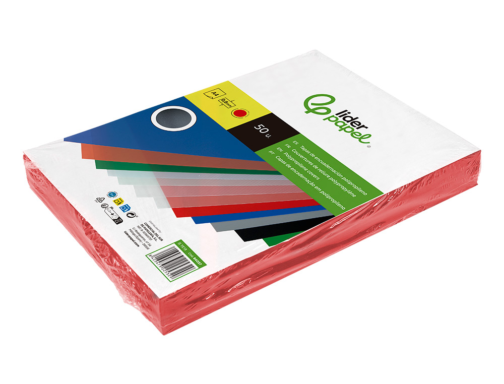 TAPA ENCUADERNACION LIDERPAPEL POLIPROPILENO A4 0.8MM ROJO OPACO PAQUETE DE 50 UNIDADES