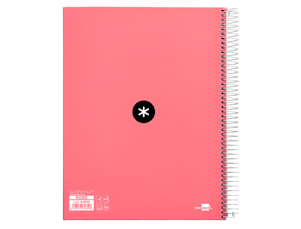 CUADERNO ESPIRAL LIDERPAPEL A4 MICRO ANTARTIK TAPA FORRADA120H 100 GR CUADRO 5MM 5 BANDA4 TALADROS COLOR CORAL
