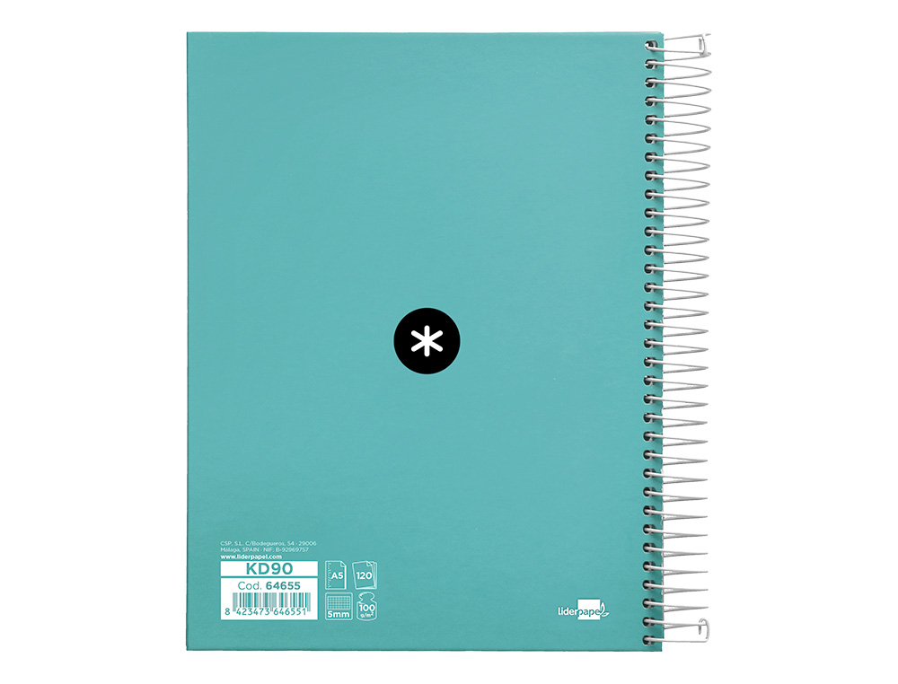 CUADERNO ESPIRAL LIDERPAPEL A5 MICRO ANTARTIK TAPA FORRADA120H 90 GR CUADRO 5 MM 5 BANDA6 TALADROS COLOR MENTA