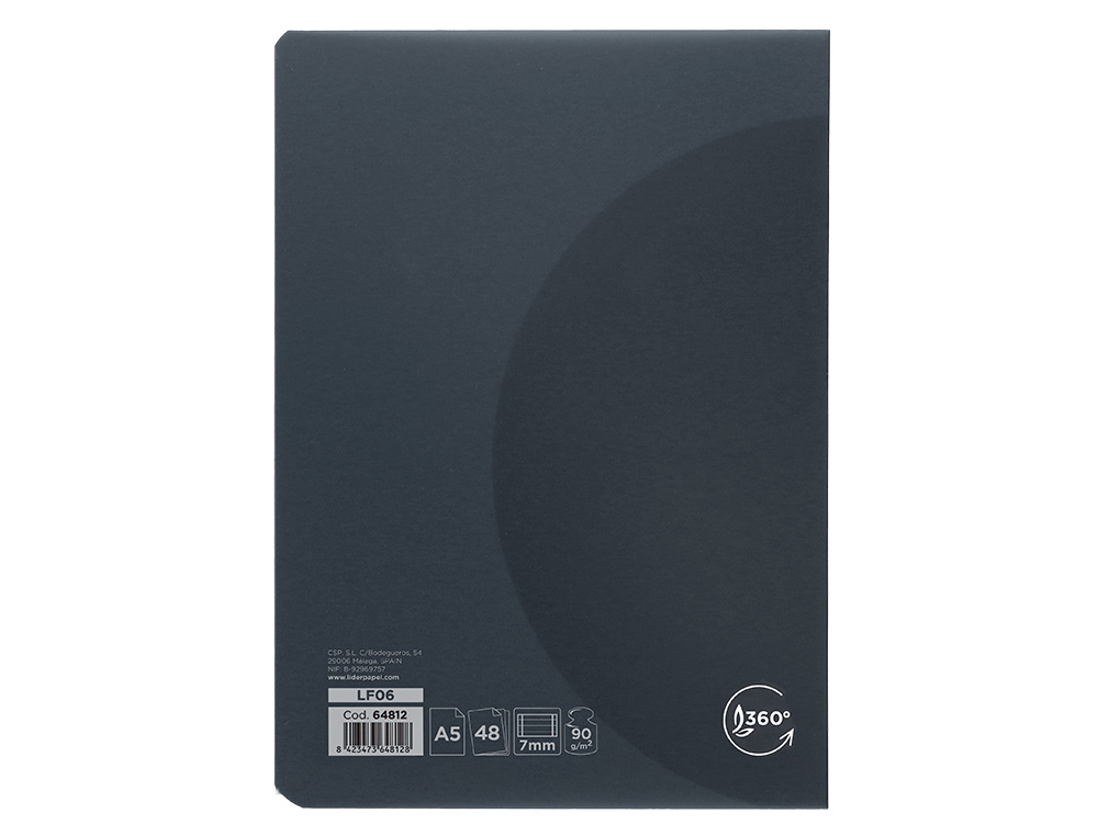 LIBRETA LIDERPAPEL 360 TAPA DE PLASTICO A5 48 HOJAS 90G/M2 HORIZONTAL CON DOBLE MARGEN TAPA NEGRA