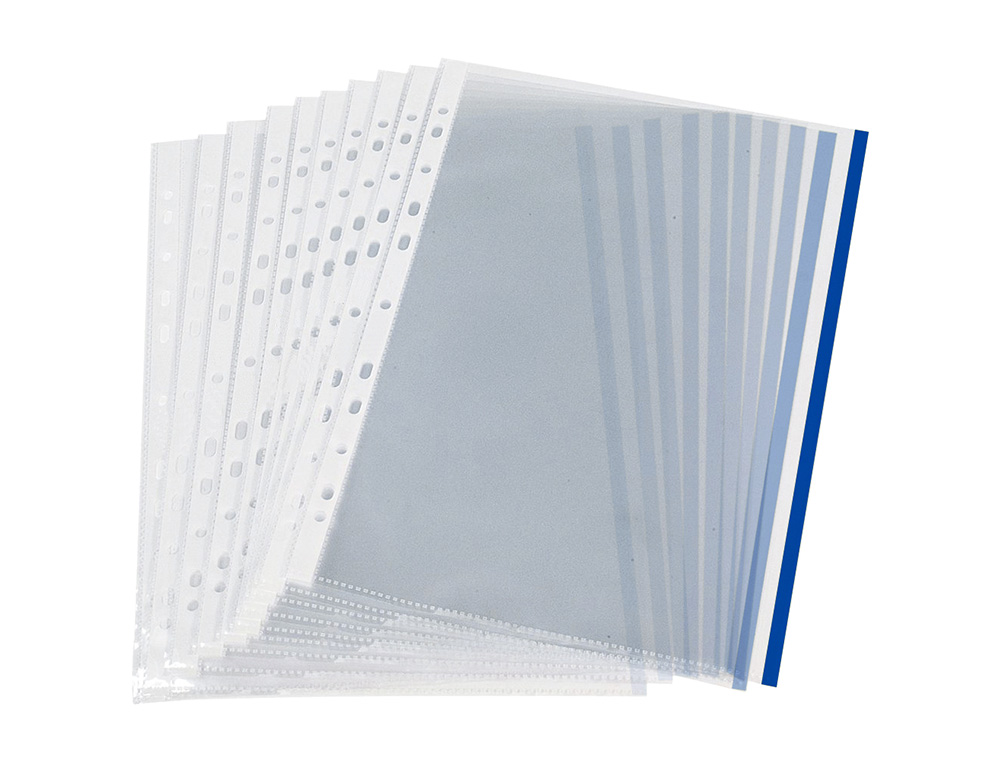 FUNDA MULTITALADRO Q-CONNECT DIN A4 70 MC PP CRISTAL CON BORDE AZUL BOLSA DE 10 UNIDADES