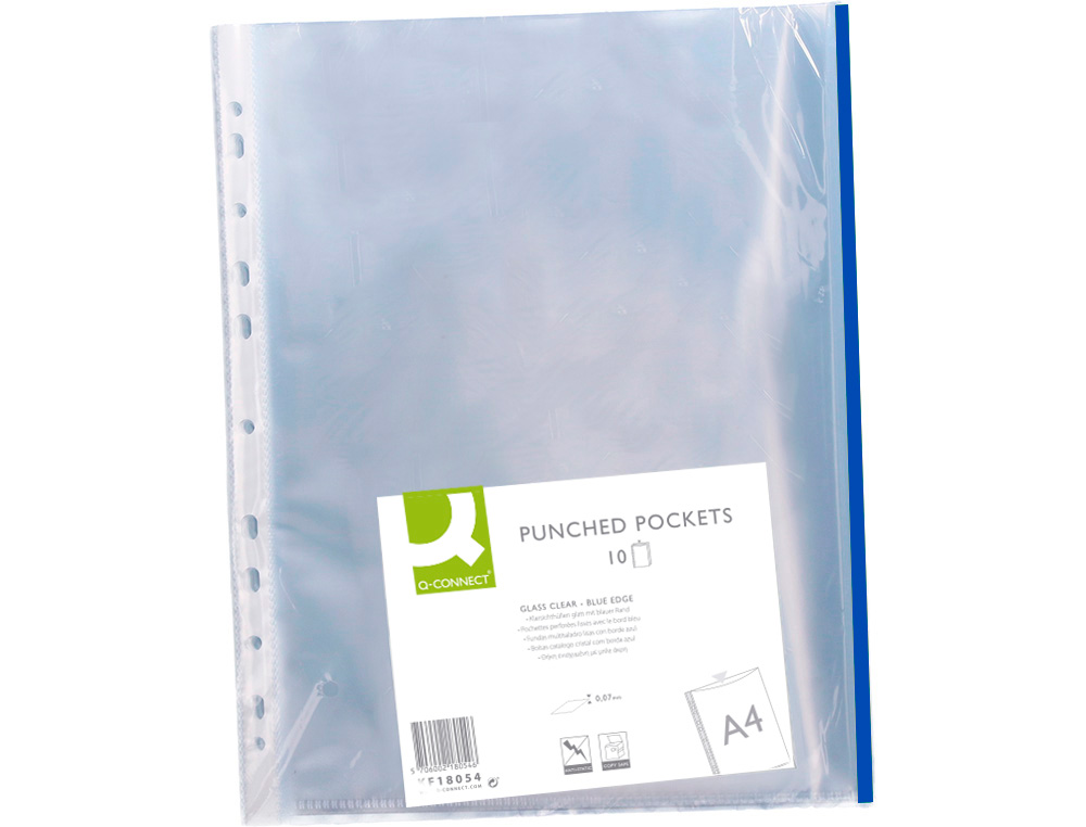 FUNDA MULTITALADRO Q-CONNECT DIN A4 70 MC PP CRISTAL CON BORDE AZUL BOLSA DE 10 UNIDADES