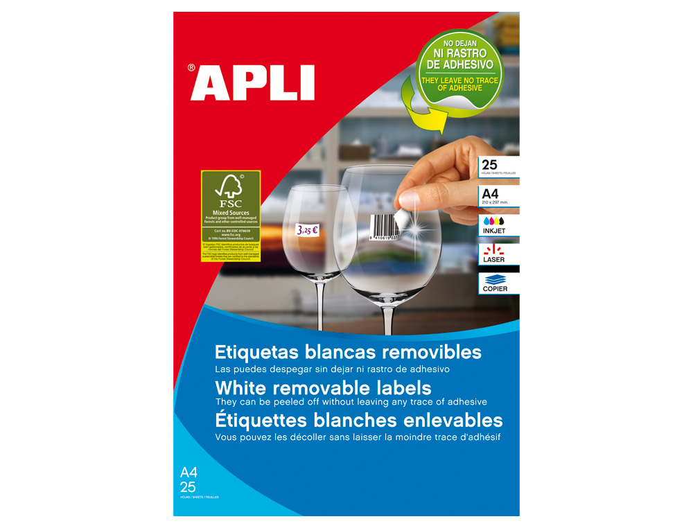 ETIQUETA ADHESIVAS APLI 10197 TAMAO 17,8X10 MM REMOVIBLE PARA FOTOCOPIADORA LASER INK-JET CAJA 25 HOJAS CON
