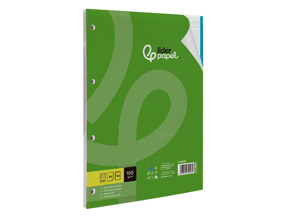 RECAMBIO LIDERPAPEL A4 100 HOJAS 100G/M2 CUADRO 5MM 4 TALADROS BANDAS DE 5 COLORES