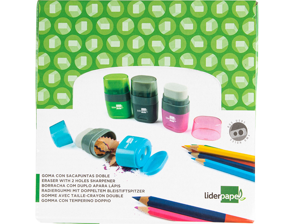 SACAPUNTAS LIDERPAPEL PLASTICO 2 USOS CON GOMA