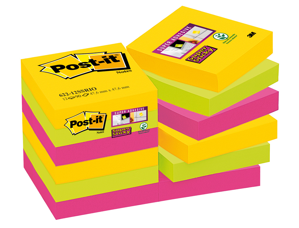 BLOC DE NOTAS ADHESIVAS QUITA Y PON POST-IT SUPER STICKY 47,6X47,6 MM CON 90 HOJAS PACK DE 12 BLOC COLORES