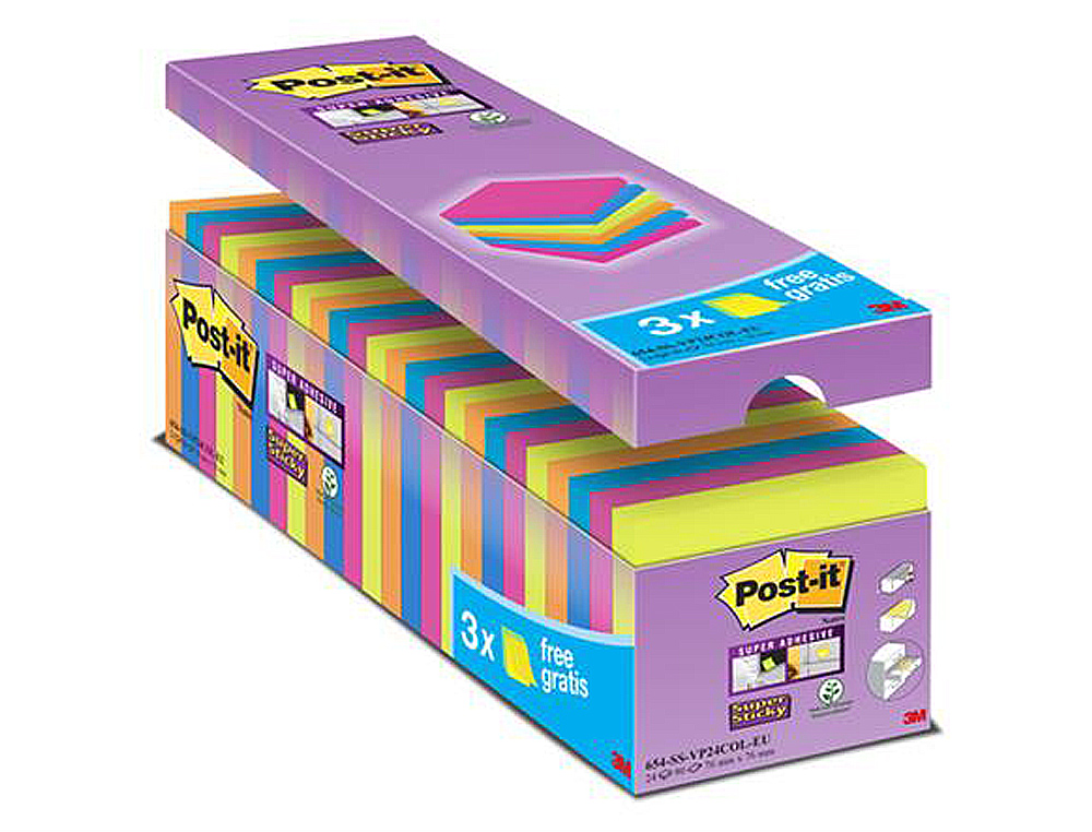 BLOC DE NOTAS ADHESIVAS QUITA Y PON POST-IT SUPER STICKY 76X76 MM 90 HOJAS COLORES SURTIDOS PACK DE 21 + 3