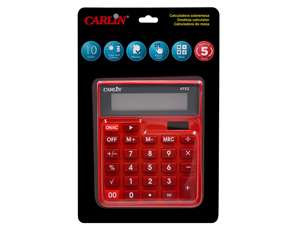 CALCULADORA CARLIN SOBREMESA 10 DIGITOS SOLAR Y PILAS COLOR ROJO 127X105X24 MM
