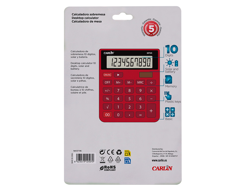 CALCULADORA CARLIN SOBREMESA 10 DIGITOS SOLAR Y PILAS COLOR ROJO 127X105X24 MM