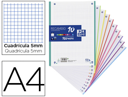 RECAMBIO COLOR OXFORD A4 160 HOJAS 90 GR OPTIK PAPER CUADRO 5 MM 4 TALADROS BANDA 10 COLORES