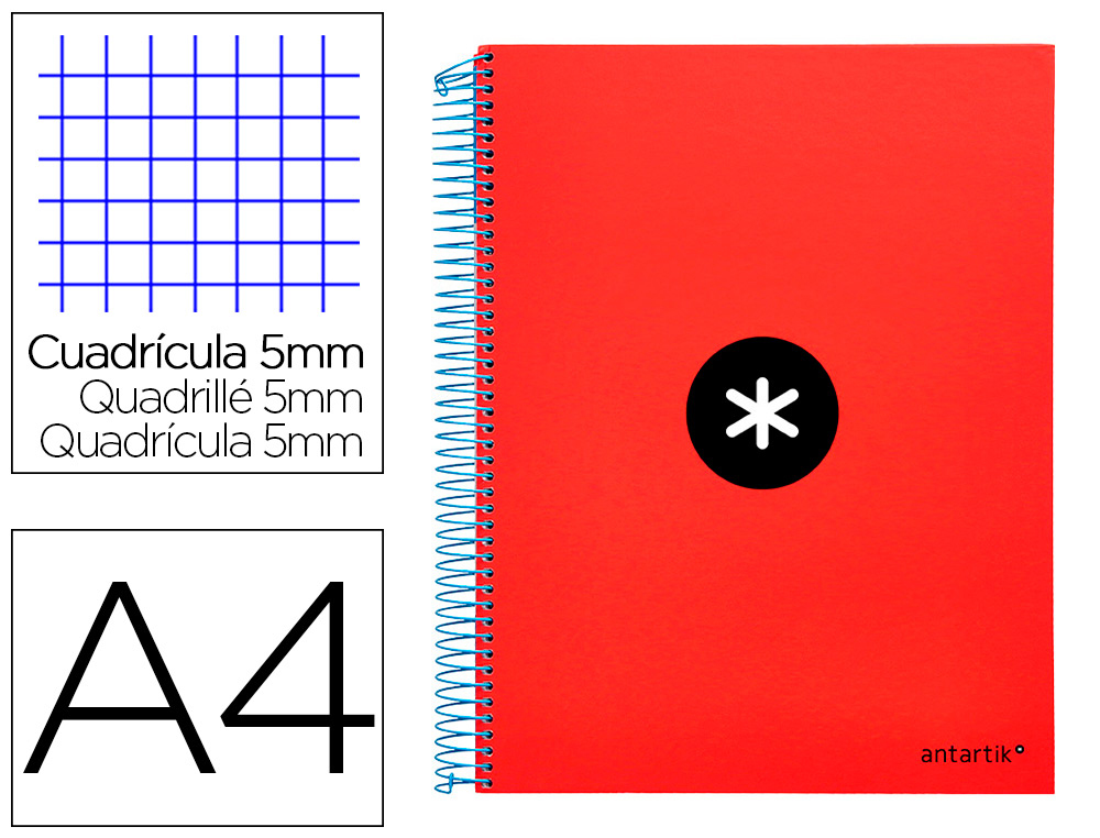 CUADERNO ESPIRAL LIDERPAPEL A4 MICRO ANTARTIK TAPA FORRADA120H 100 GR CUADRO 5MM 5 BANDAS 4 TALADROS COLOR ROJO