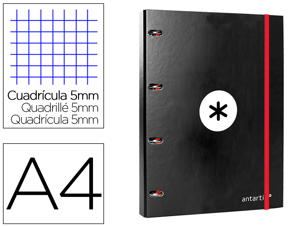 CARPETA CON RECAMBIO LIDERPAPEL ANTARTIK A4 CUADRO 5 MM FORRADA 4 ANILLAS 25MM REDONDAS COLOR NEGRO
