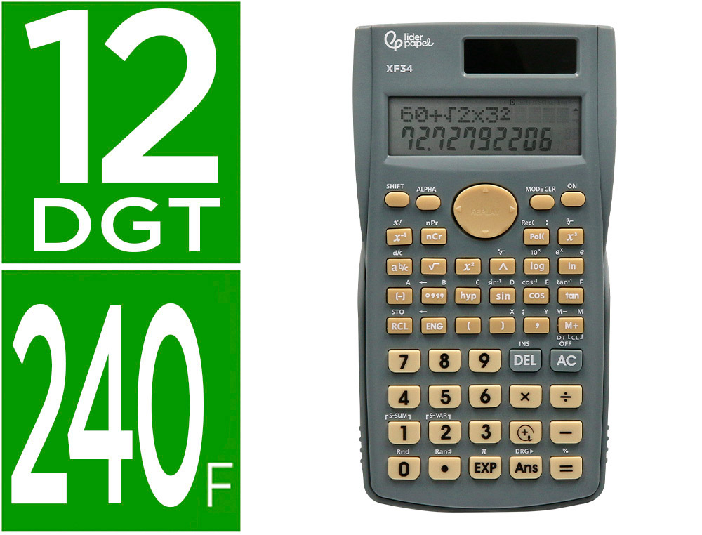 CALCULADORA LIDERPAPEL CIENTIFICA XF34 12 DIGITOS 240 FUNCIONES CON TAPA SOLAR Y PILAS COLOR GRIS 156X85X20