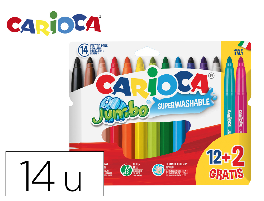 ROTULADOR CARIOCA JUMBO PUNTA GRUESA BOLSA PAPEL 12 UNIDADES COLORES SURTIDOS + 2 GRATIS