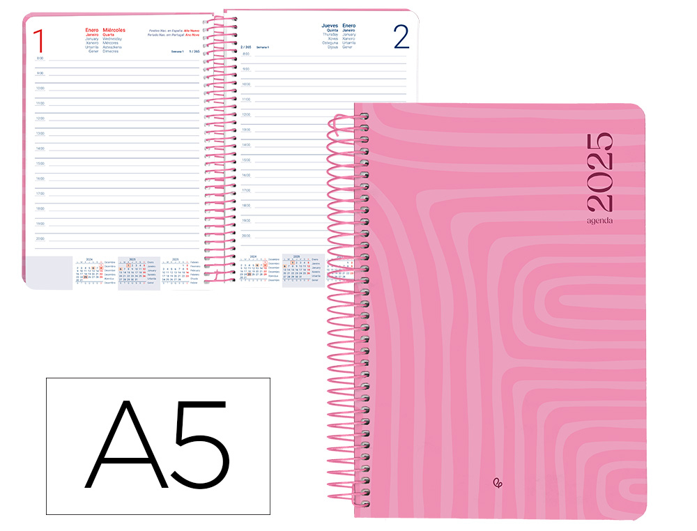 AGENDA ESPIRAL LIDERPAPEL SYROS A5 2025 DIA PAGINA COLOR ROSA PAPEL 60 GR