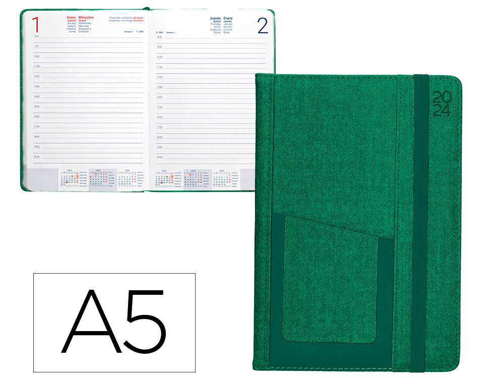 AGENDA ENCUADERNADA LIDERPAPEL SARIA A5 2025 DIA PAGINA COLOR VERDE PAPEL 70 GR