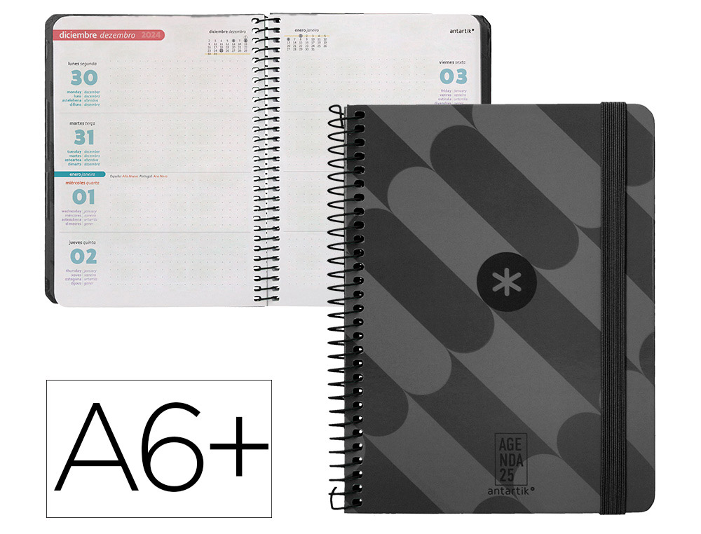 AGENDA ESPIRAL ANTARTIK PATTERN A6+ 2025 SEMANA VISTA COLOR NEGRO PAPEL 80 GR