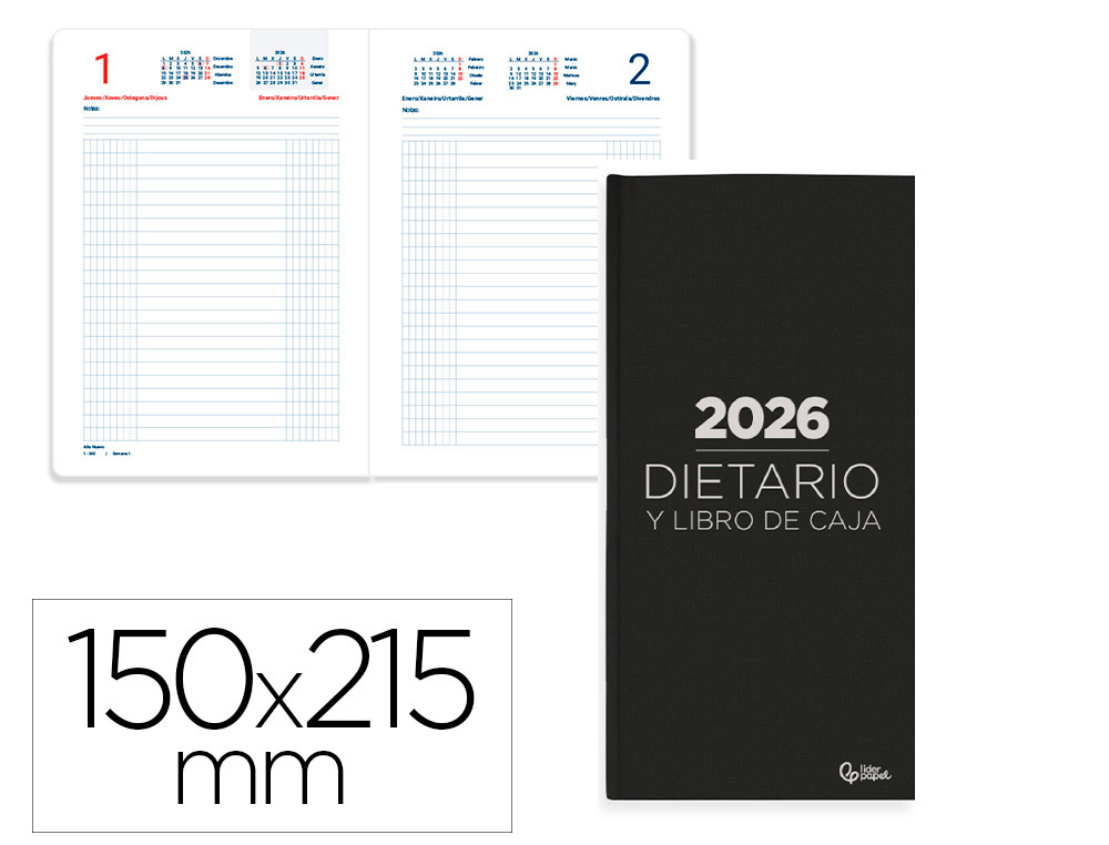 DIETARIO LIDERPAPEL 2026 CUARTO 150X215 MM DIA PAGINA COLOR NEGRO PAPEL 70 GR FSC