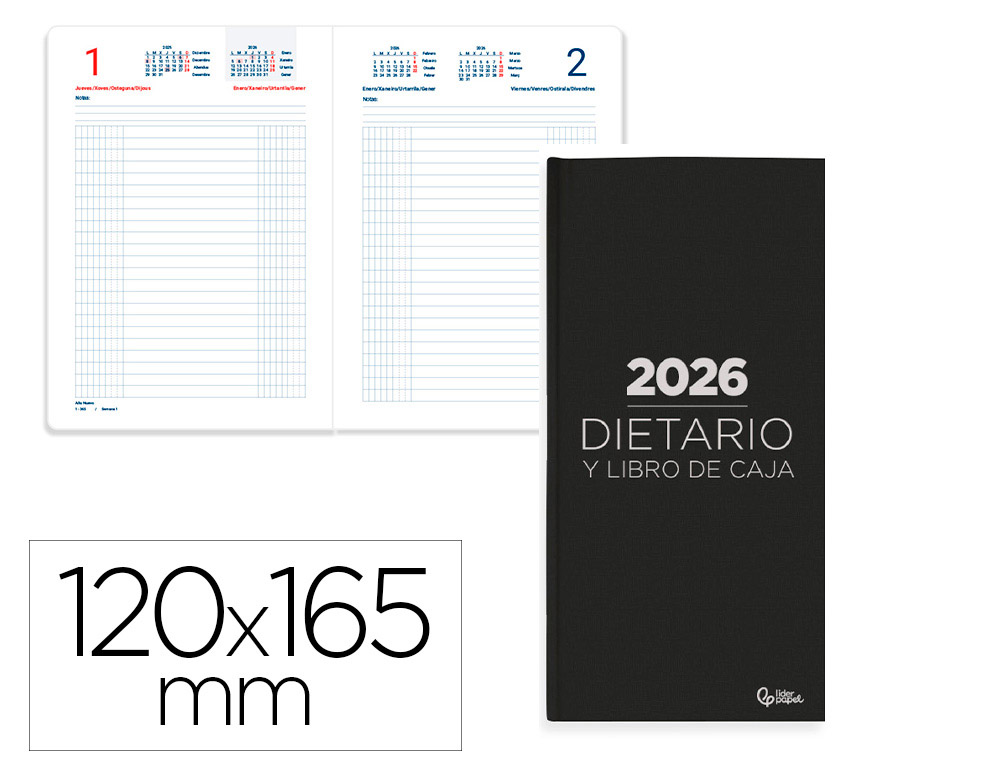 DIETARIO LIDERPAPEL 2026 OCTAVO 120X165 MM DIA PAGINA COLOR NEGRO PAPEL 70 GR FSC