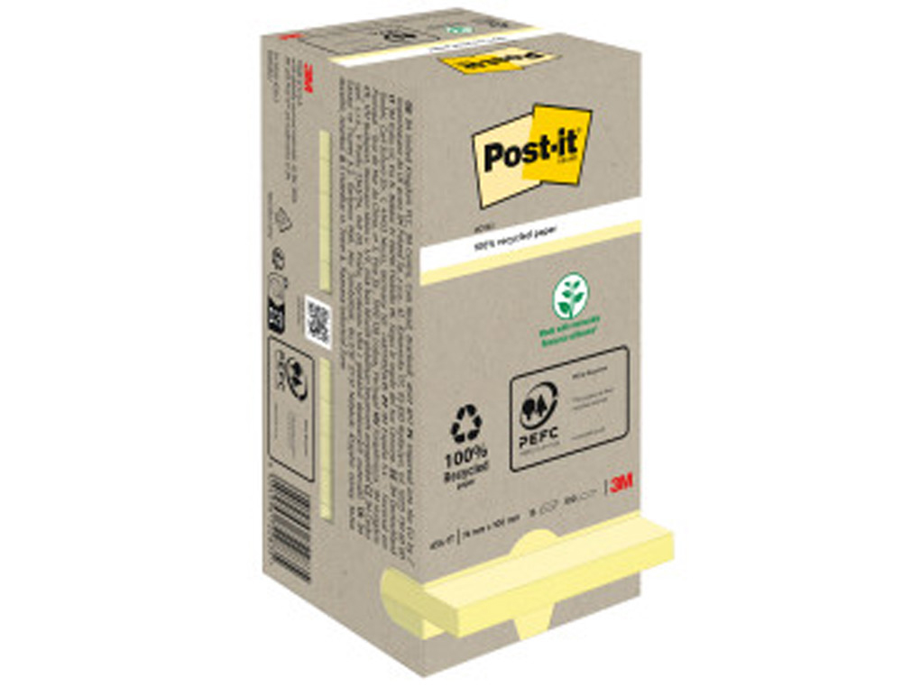 BLOC DE NOTAS ADHESIVAS QUITA Y PON RECICLADA EN TORRE POST-IT 76 X 76 MM 16 BLOCS 654 RECICLADO