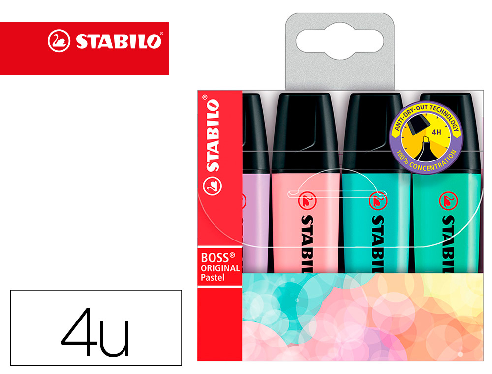 ROTULADOR STABILO BOSS PASTEL FLUORESCENTE 70 ESTUCHE DE 4 UNIDADES SURTIDAS